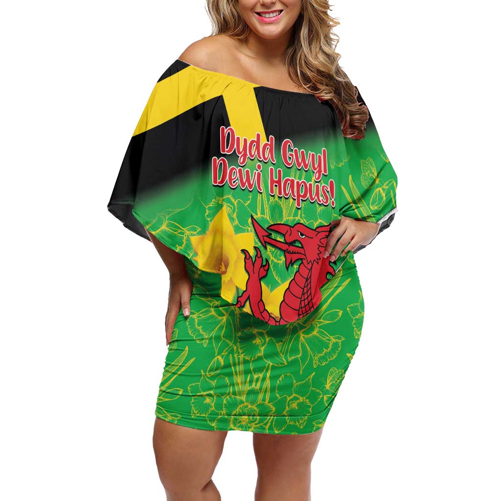 Wales Saint David's Day Family Matching Off Shoulder Short Dress and Hawaiian Shirt Welsh Dragon Dydd Gwyl Dewi Hapus!