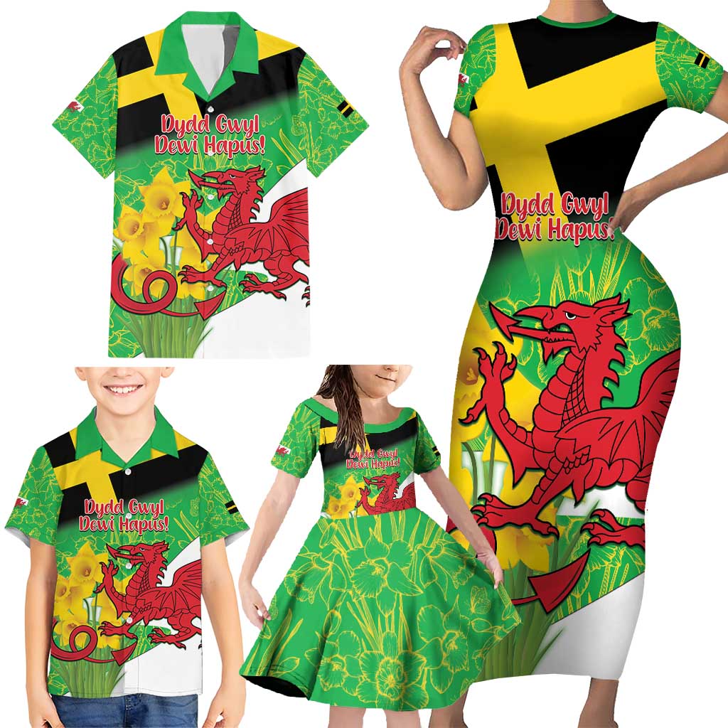 Wales Saint David's Day Family Matching Short Sleeve Bodycon Dress and Hawaiian Shirt Welsh Dragon Dydd Gwyl Dewi Hapus!