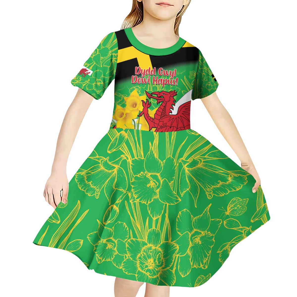 Wales Saint David's Day Kid Short Sleeve Dress Welsh Dragon Dydd Gwyl Dewi Hapus!