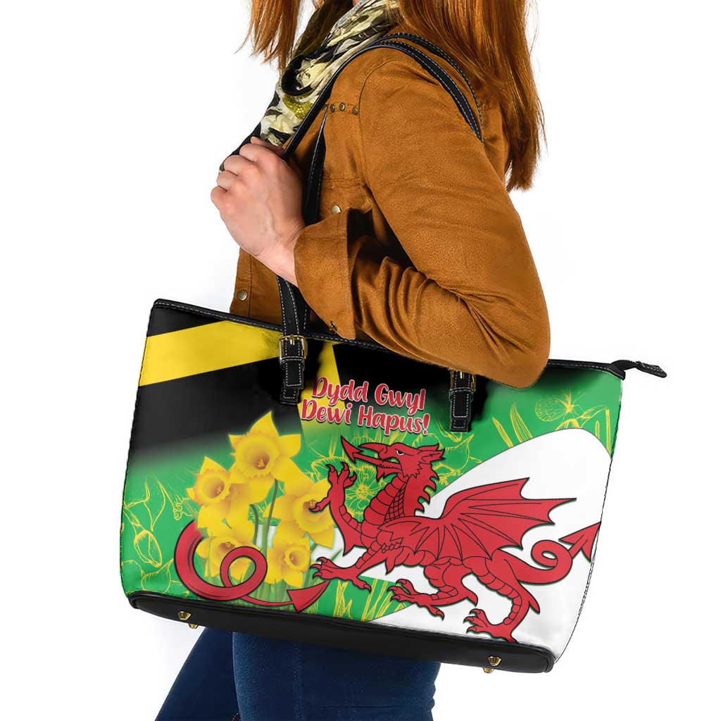 Wales Saint David's Day Leather Tote Bag Welsh Dragon Dydd Gwyl Dewi Hapus!
