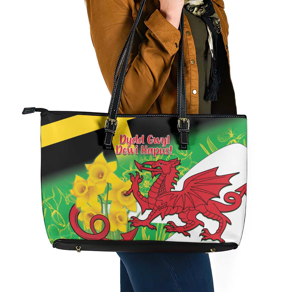 Wales Saint David's Day Leather Tote Bag Welsh Dragon Dydd Gwyl Dewi Hapus!