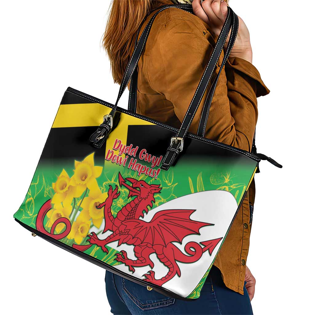 Wales Saint David's Day Leather Tote Bag Welsh Dragon Dydd Gwyl Dewi Hapus!