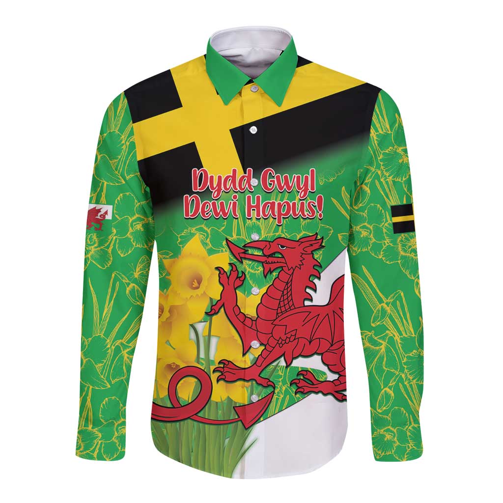 Wales Saint David's Day Long Sleeve Button Shirt Welsh Dragon Dydd Gwyl Dewi Hapus!