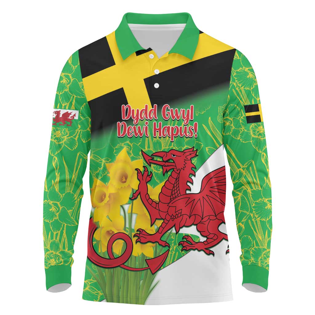 Wales Saint David's Day Long Sleeve Polo Shirt Welsh Dragon Dydd Gwyl Dewi Hapus!