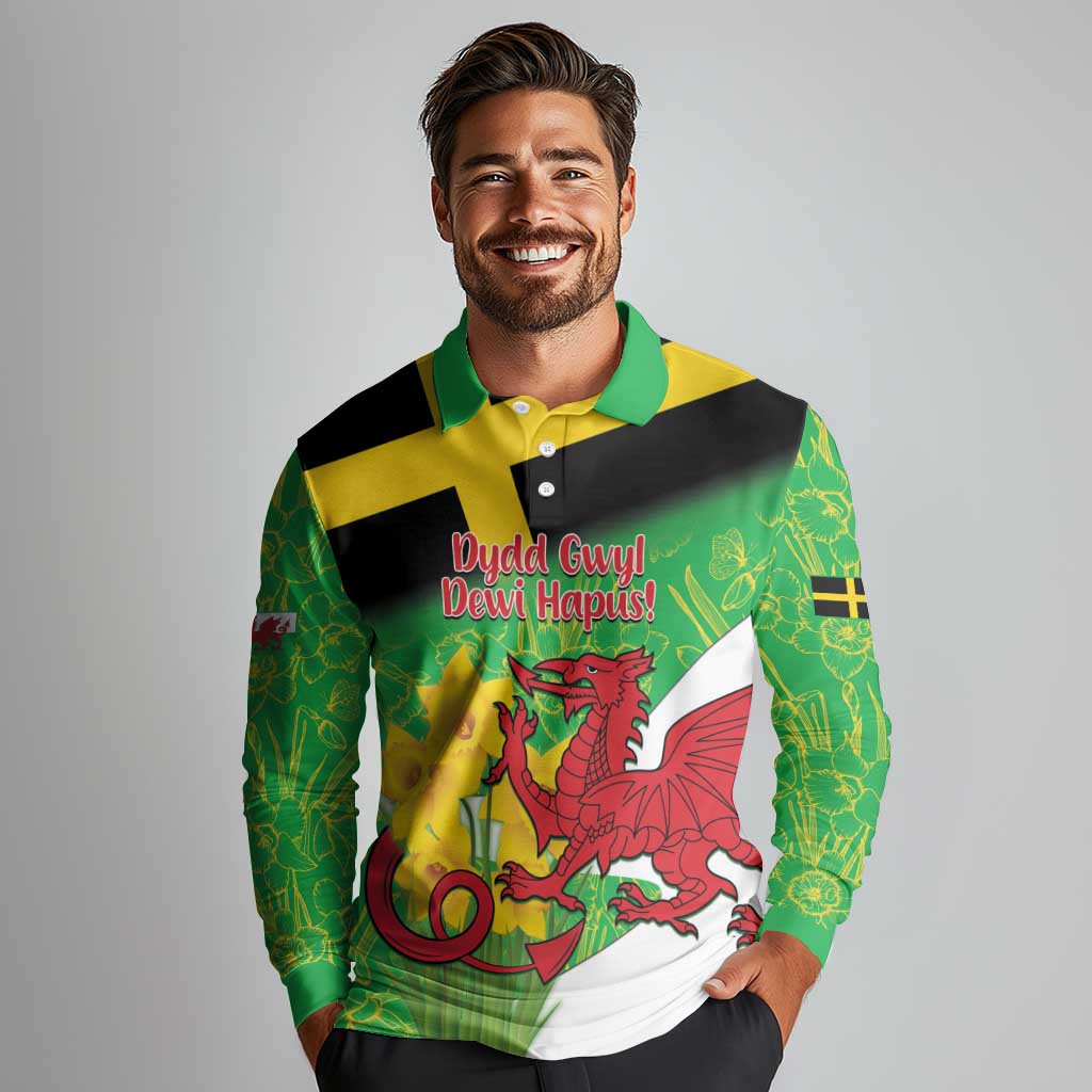 Wales Saint David's Day Long Sleeve Polo Shirt Welsh Dragon Dydd Gwyl Dewi Hapus!
