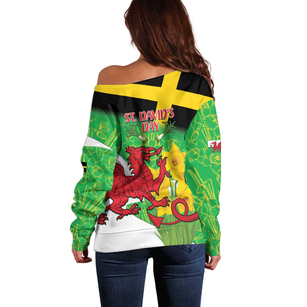 Wales Saint David's Day Off Shoulder Sweater Welsh Dragon Dydd Gwyl Dewi Hapus!