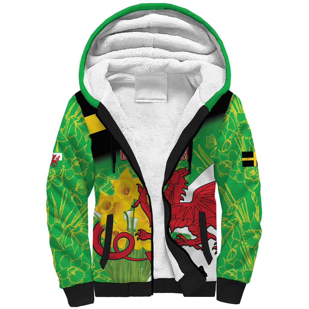 Wales Saint David's Day Sherpa Hoodie Welsh Dragon Dydd Gwyl Dewi Hapus!