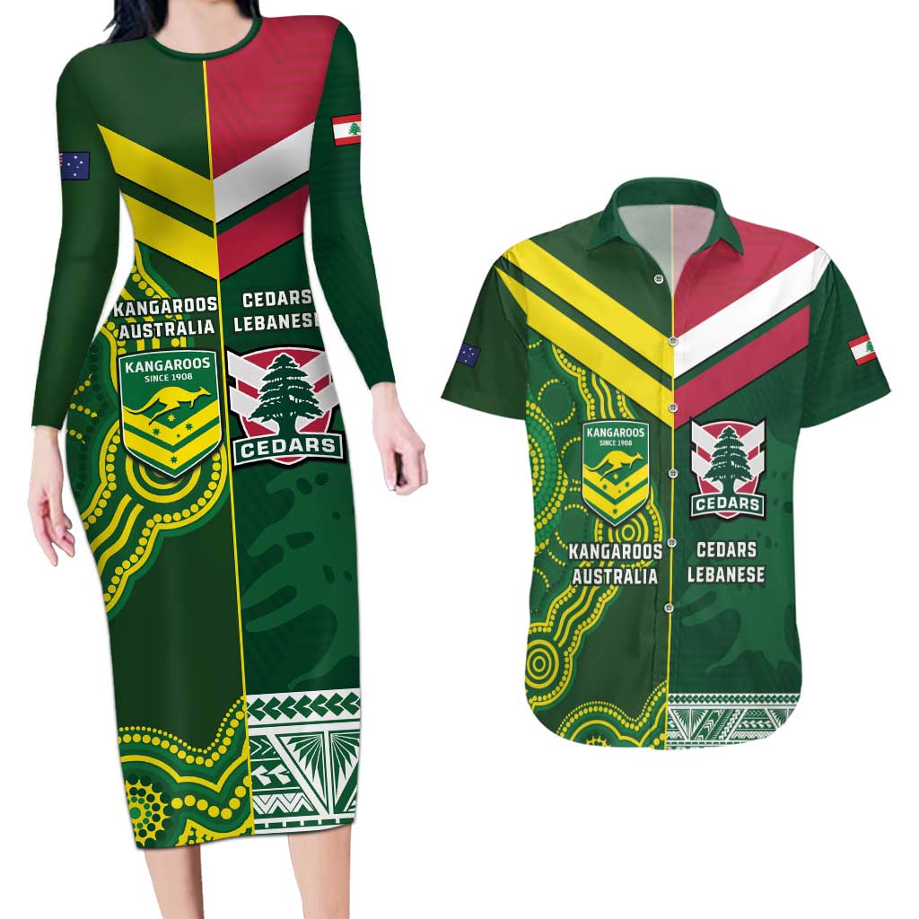 Custom Lebanon And Australia Rugby Couples Matching Long Sleeve Bodycon Dress and Hawaiian Shirt Aussie Kangaroos Lebanese Cedars