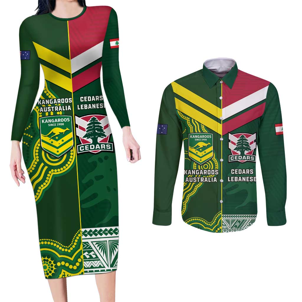 Custom Lebanon And Australia Rugby Couples Matching Long Sleeve Bodycon Dress and Long Sleeve Button Shirt Aussie Kangaroos Lebanese Cedars