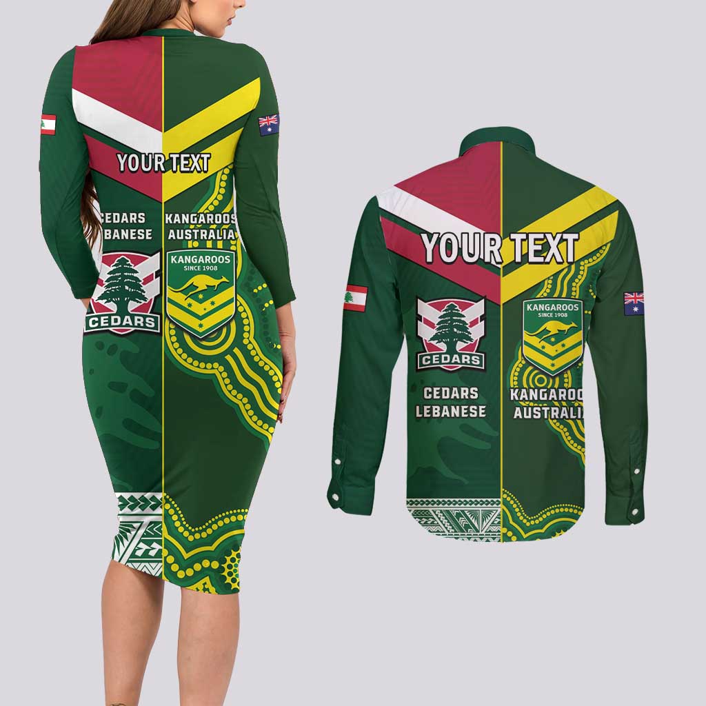 Custom Lebanon And Australia Rugby Couples Matching Long Sleeve Bodycon Dress and Long Sleeve Button Shirt Aussie Kangaroos Lebanese Cedars