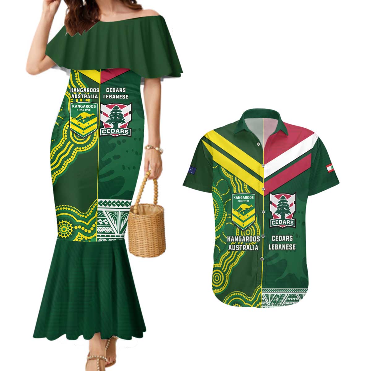 Custom Lebanon And Australia Rugby Couples Matching Mermaid Dress and Hawaiian Shirt Aussie Kangaroos Lebanese Cedars