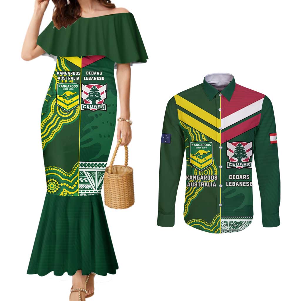 Custom Lebanon And Australia Rugby Couples Matching Mermaid Dress and Long Sleeve Button Shirt Aussie Kangaroos Lebanese Cedars