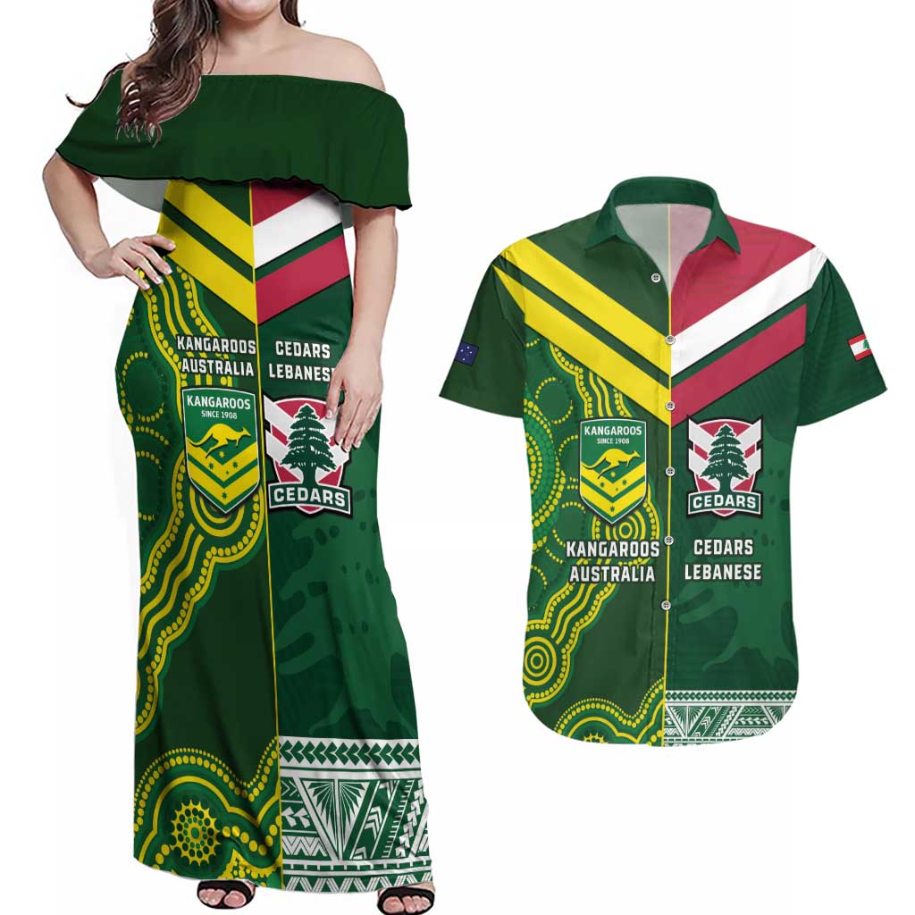 Custom Lebanon And Australia Rugby Couples Matching Off Shoulder Maxi Dress and Hawaiian Shirt Aussie Kangaroos Lebanese Cedars