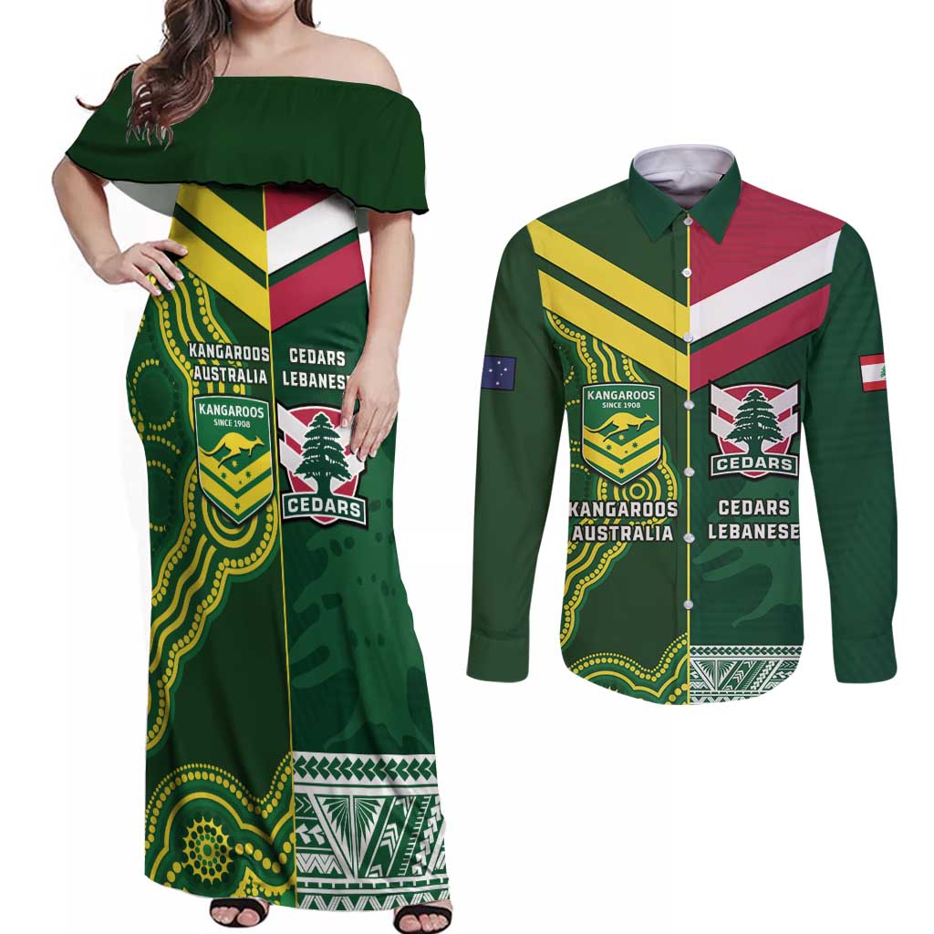 Custom Lebanon And Australia Rugby Couples Matching Off Shoulder Maxi Dress and Long Sleeve Button Shirt Aussie Kangaroos Lebanese Cedars