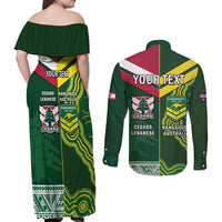 Custom Lebanon And Australia Rugby Couples Matching Off Shoulder Maxi Dress and Long Sleeve Button Shirt Aussie Kangaroos Lebanese Cedars