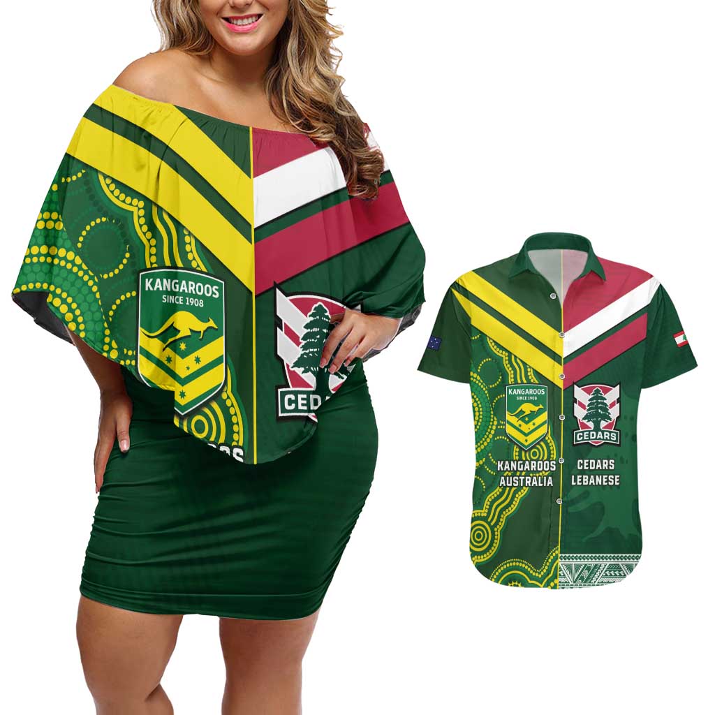 Custom Lebanon And Australia Rugby Couples Matching Off Shoulder Short Dress and Hawaiian Shirt Aussie Kangaroos Lebanese Cedars