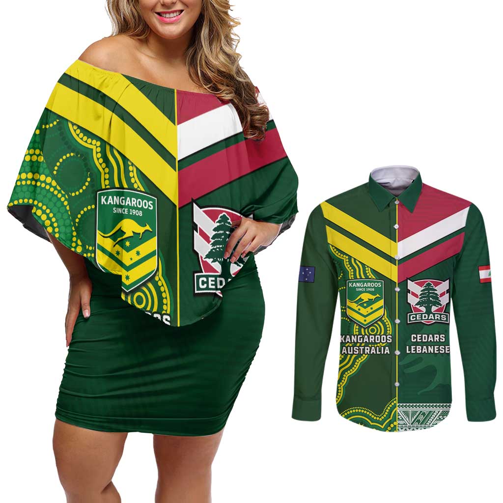 Custom Lebanon And Australia Rugby Couples Matching Off Shoulder Short Dress and Long Sleeve Button Shirt Aussie Kangaroos Lebanese Cedars