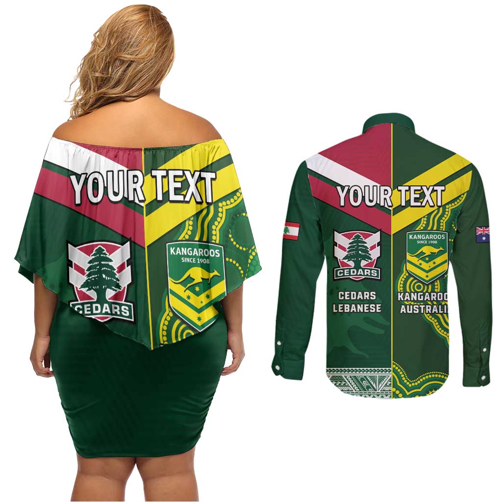 Custom Lebanon And Australia Rugby Couples Matching Off Shoulder Short Dress and Long Sleeve Button Shirt Aussie Kangaroos Lebanese Cedars