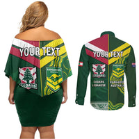 Custom Lebanon And Australia Rugby Couples Matching Off Shoulder Short Dress and Long Sleeve Button Shirt Aussie Kangaroos Lebanese Cedars
