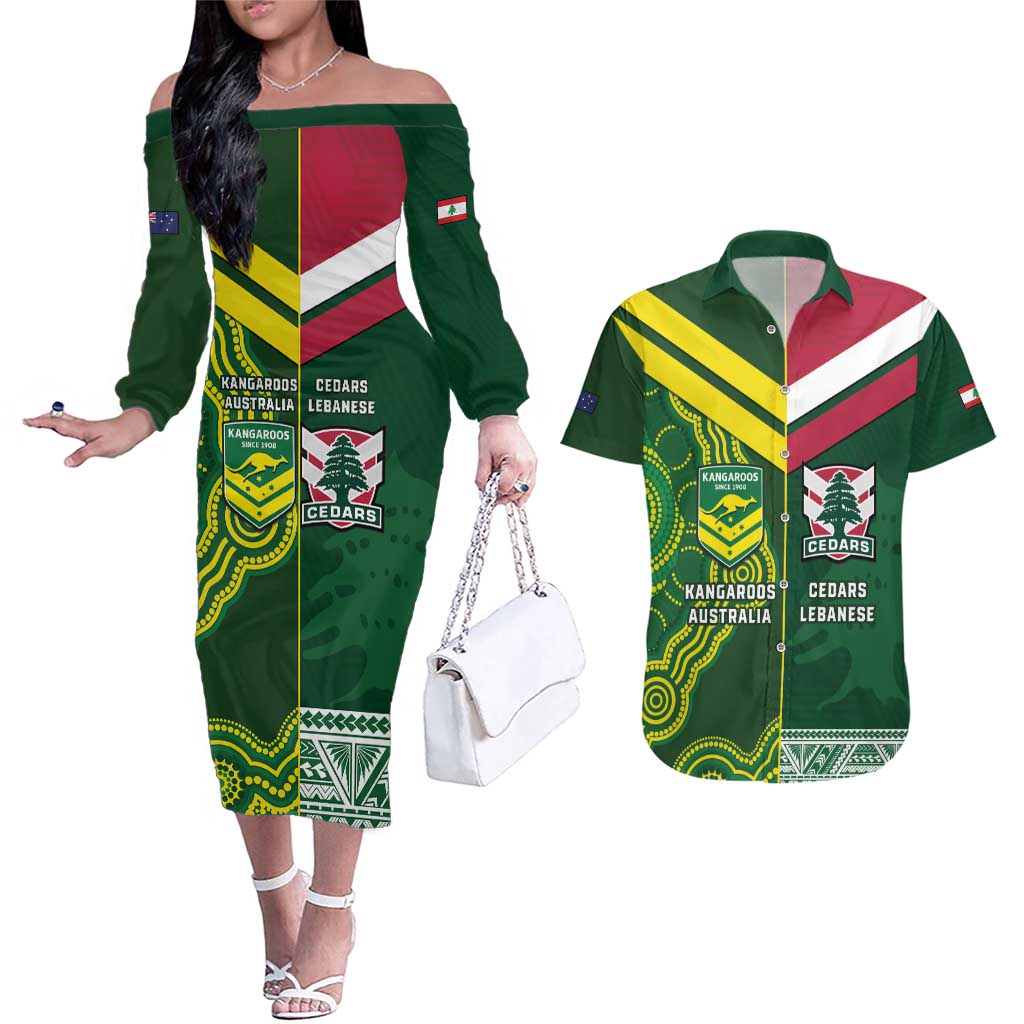 Custom Lebanon And Australia Rugby Couples Matching Off The Shoulder Long Sleeve Dress and Hawaiian Shirt Aussie Kangaroos Lebanese Cedars