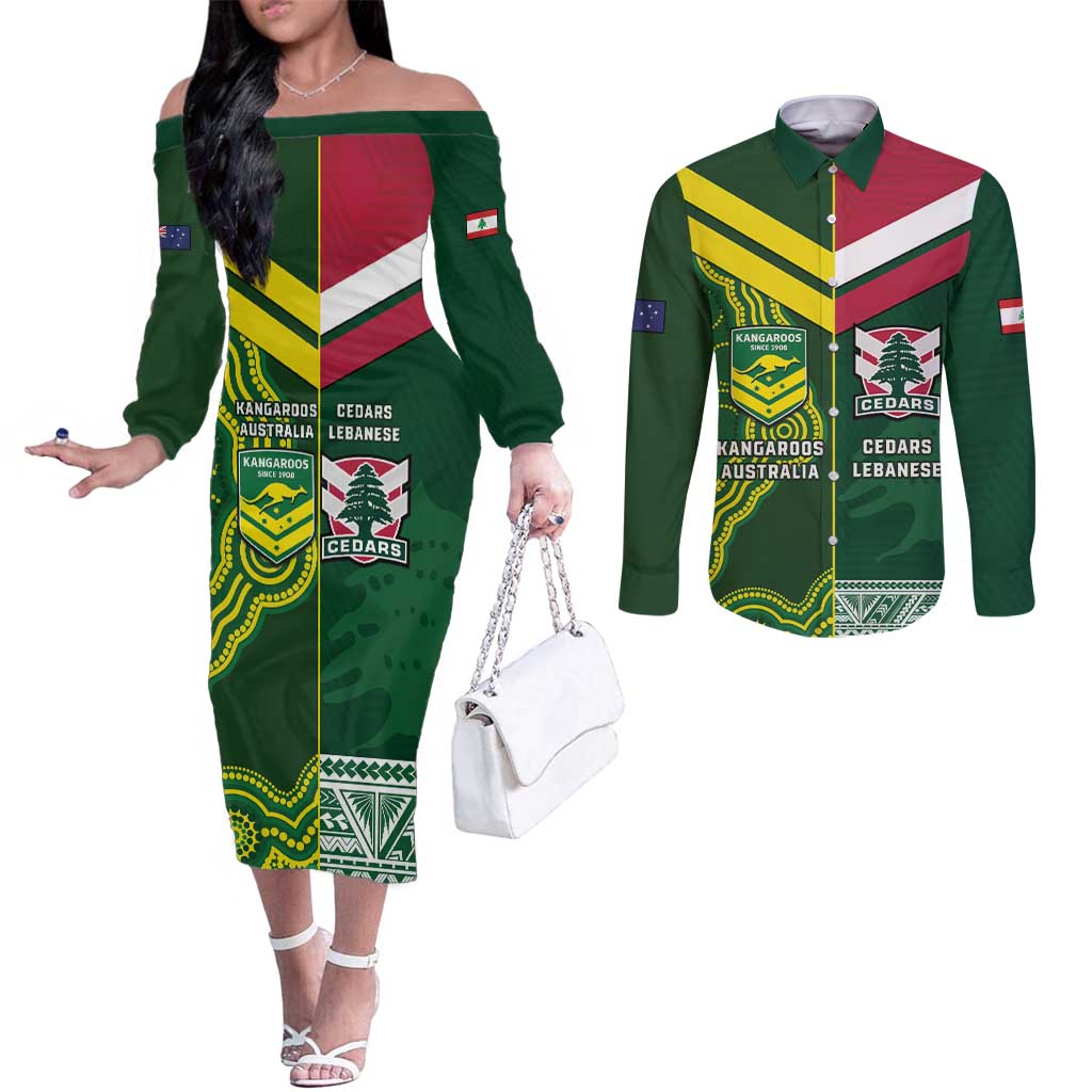 Custom Lebanon And Australia Rugby Couples Matching Off The Shoulder Long Sleeve Dress and Long Sleeve Button Shirt Aussie Kangaroos Lebanese Cedars