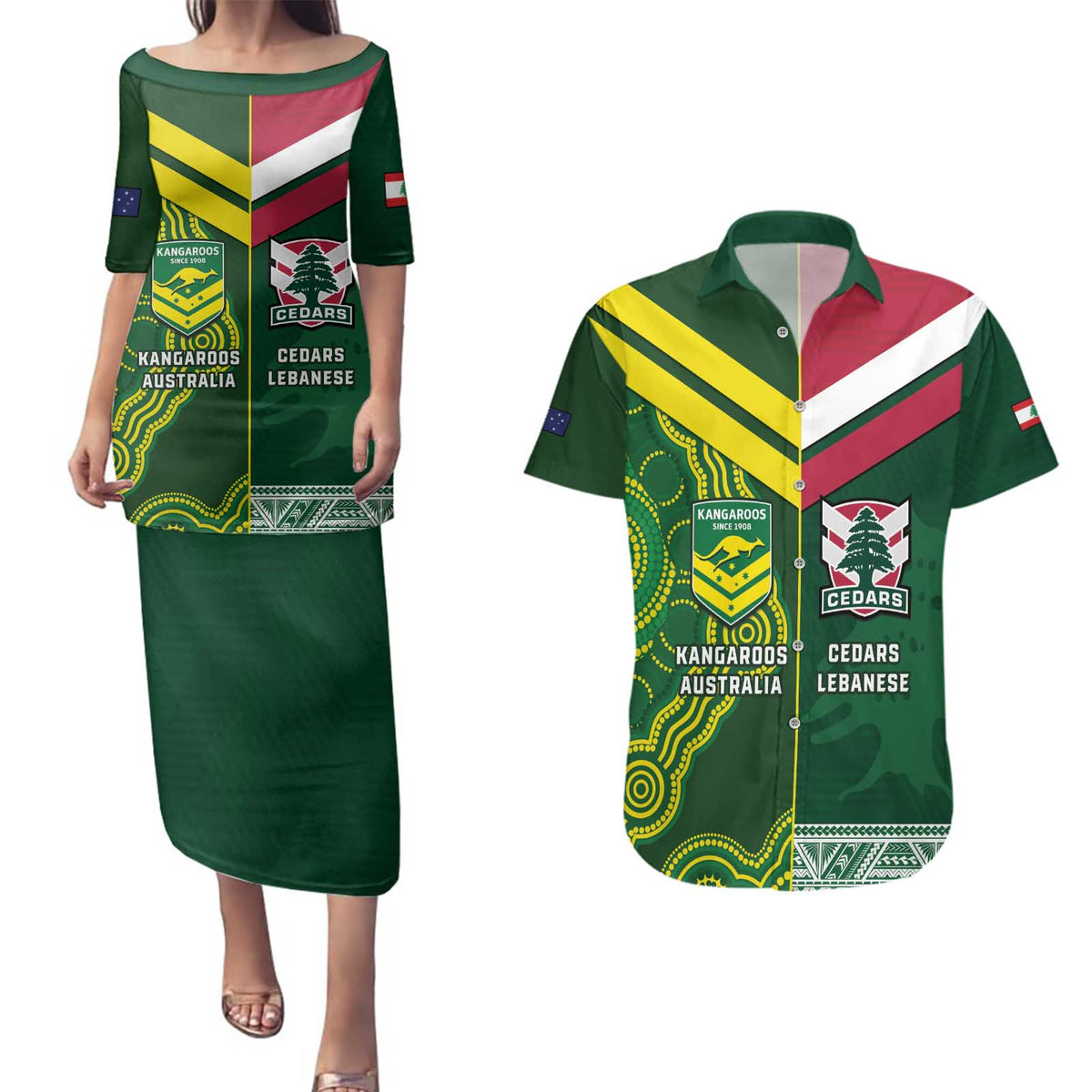 Custom Lebanon And Australia Rugby Couples Matching Puletasi and Hawaiian Shirt Aussie Kangaroos Lebanese Cedars
