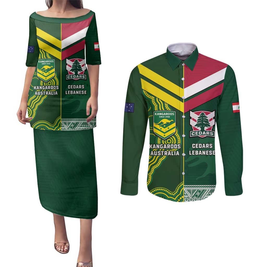 Custom Lebanon And Australia Rugby Couples Matching Puletasi and Long Sleeve Button Shirt Aussie Kangaroos Lebanese Cedars