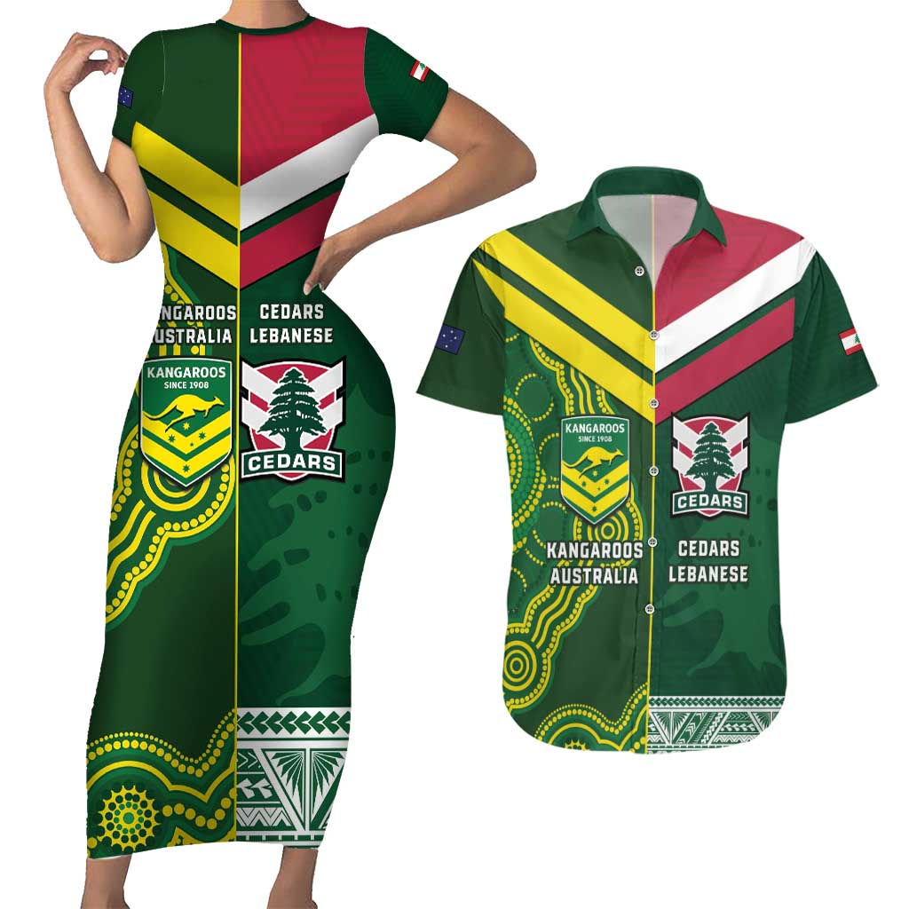 Custom Lebanon And Australia Rugby Couples Matching Short Sleeve Bodycon Dress and Hawaiian Shirt Aussie Kangaroos Lebanese Cedars