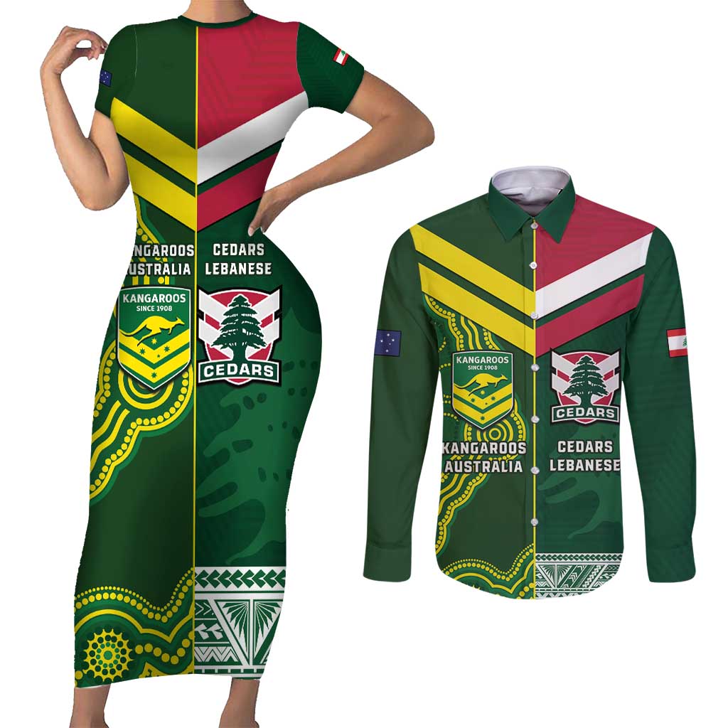 Custom Lebanon And Australia Rugby Couples Matching Short Sleeve Bodycon Dress and Long Sleeve Button Shirt Aussie Kangaroos Lebanese Cedars