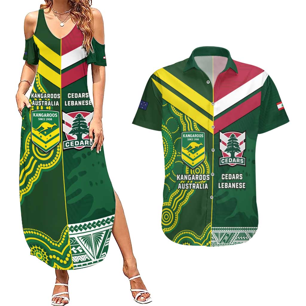 Custom Lebanon And Australia Rugby Couples Matching Summer Maxi Dress and Hawaiian Shirt Aussie Kangaroos Lebanese Cedars