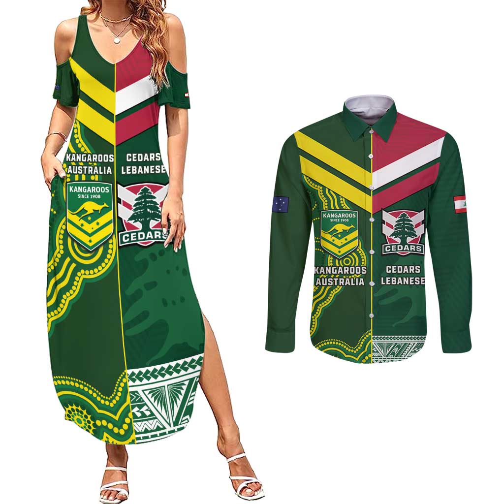 Custom Lebanon And Australia Rugby Couples Matching Summer Maxi Dress and Long Sleeve Button Shirt Aussie Kangaroos Lebanese Cedars