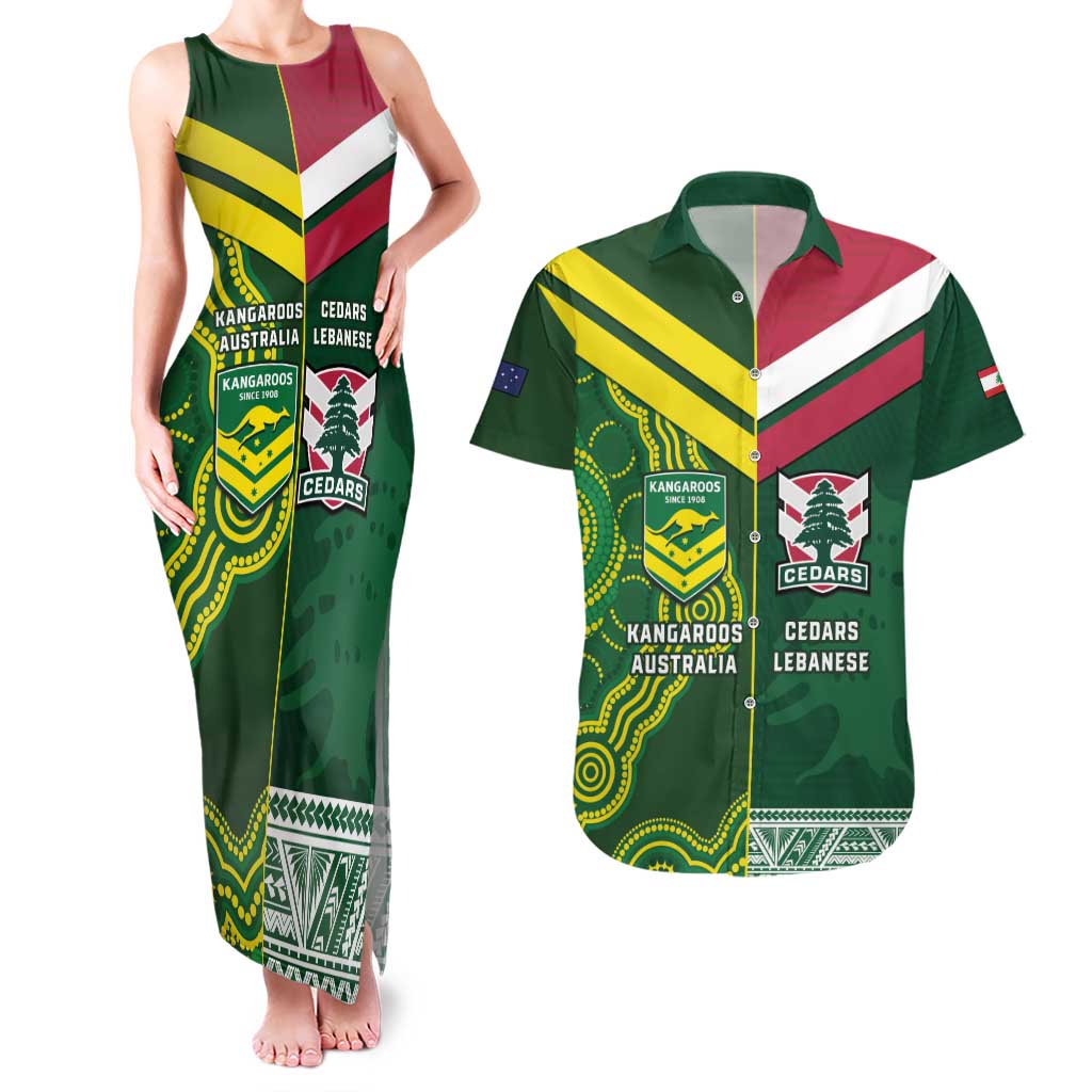 Custom Lebanon And Australia Rugby Couples Matching Tank Maxi Dress and Hawaiian Shirt Aussie Kangaroos Lebanese Cedars
