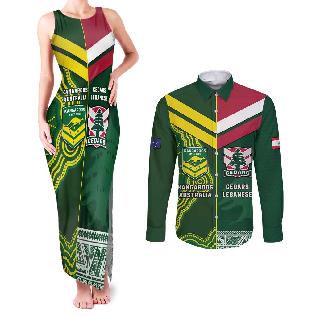 Custom Lebanon And Australia Rugby Couples Matching Tank Maxi Dress and Long Sleeve Button Shirt Aussie Kangaroos Lebanese Cedars