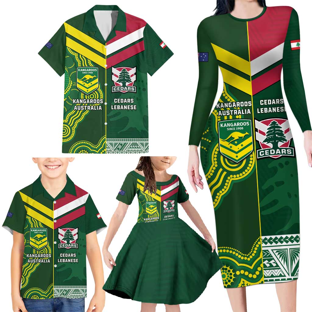 Custom Lebanon And Australia Rugby Family Matching Long Sleeve Bodycon Dress and Hawaiian Shirt Aussie Kangaroos Lebanese Cedars