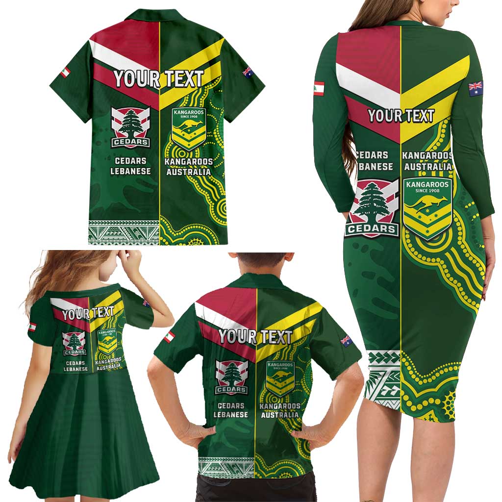Custom Lebanon And Australia Rugby Family Matching Long Sleeve Bodycon Dress and Hawaiian Shirt Aussie Kangaroos Lebanese Cedars