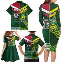 Custom Lebanon And Australia Rugby Family Matching Long Sleeve Bodycon Dress and Hawaiian Shirt Aussie Kangaroos Lebanese Cedars