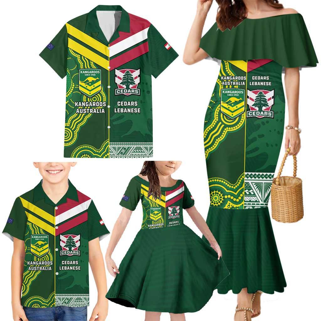 Custom Lebanon And Australia Rugby Family Matching Mermaid Dress and Hawaiian Shirt Aussie Kangaroos Lebanese Cedars