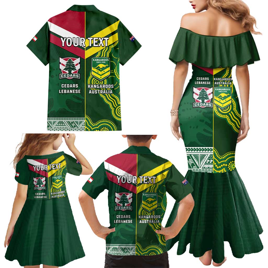 Custom Lebanon And Australia Rugby Family Matching Mermaid Dress and Hawaiian Shirt Aussie Kangaroos Lebanese Cedars