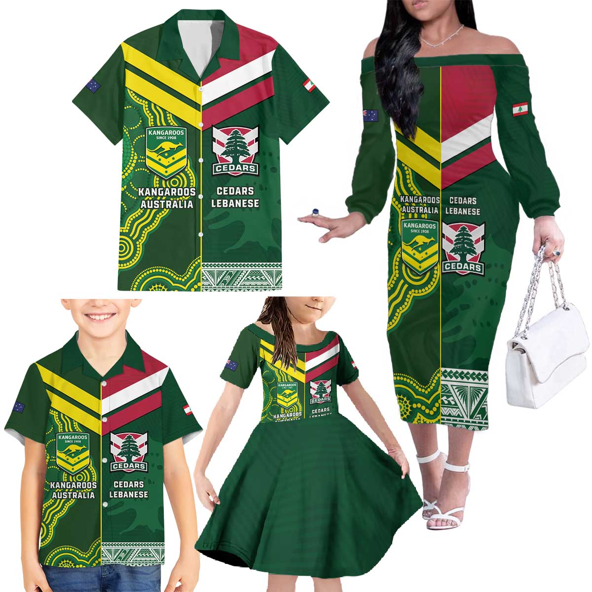Custom Lebanon And Australia Rugby Family Matching Off The Shoulder Long Sleeve Dress and Hawaiian Shirt Aussie Kangaroos Lebanese Cedars