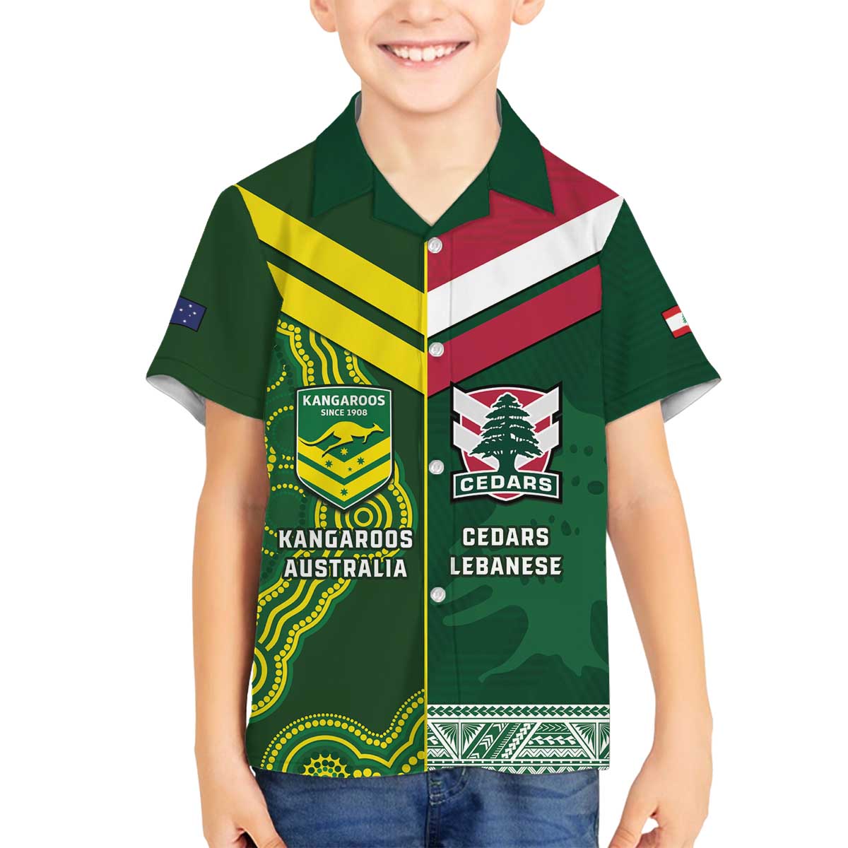 Custom Lebanon And Australia Rugby Family Matching Off The Shoulder Long Sleeve Dress and Hawaiian Shirt Aussie Kangaroos Lebanese Cedars