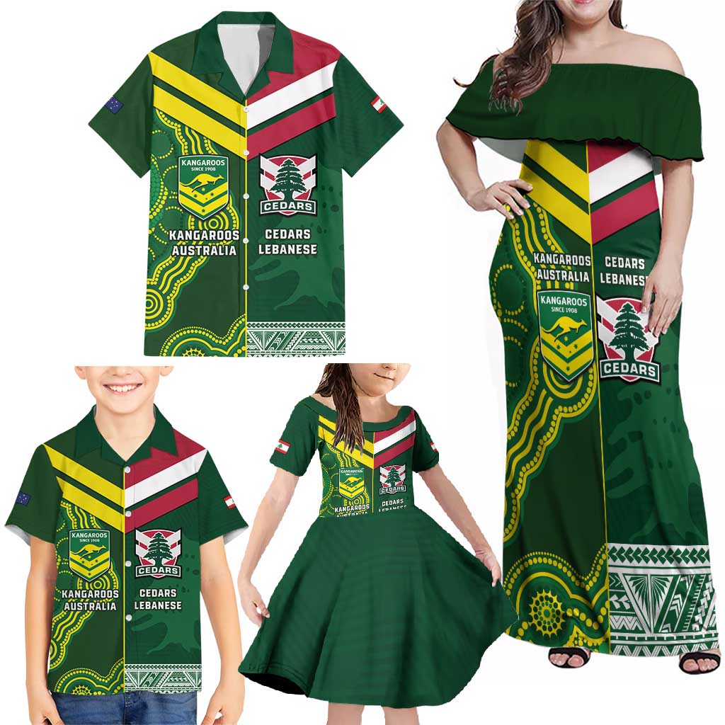 Custom Lebanon And Australia Rugby Family Matching Off Shoulder Maxi Dress and Hawaiian Shirt Aussie Kangaroos Lebanese Cedars