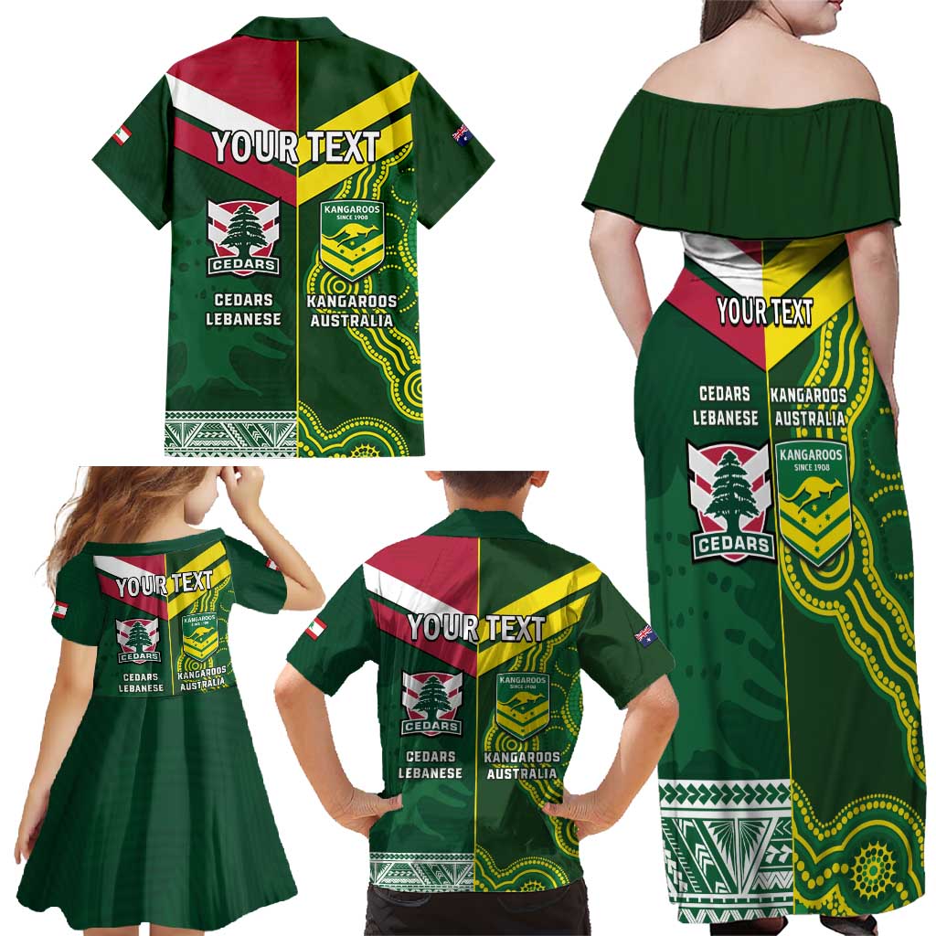 Custom Lebanon And Australia Rugby Family Matching Off Shoulder Maxi Dress and Hawaiian Shirt Aussie Kangaroos Lebanese Cedars