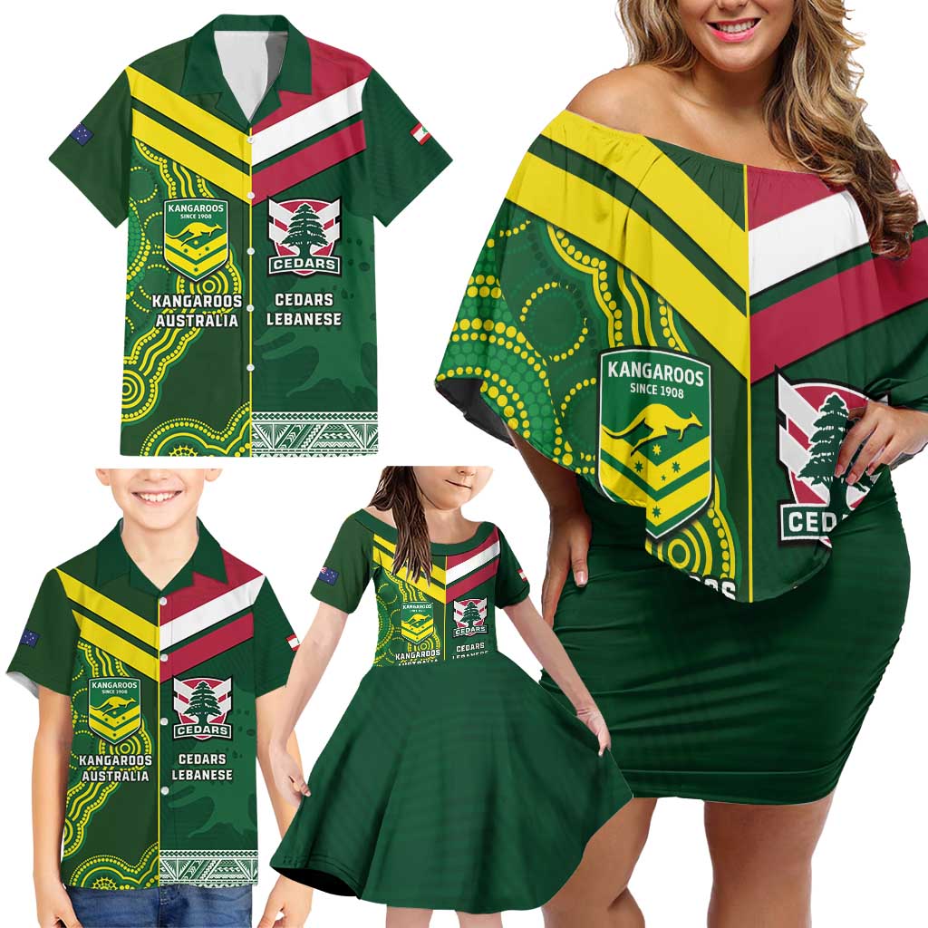 Custom Lebanon And Australia Rugby Family Matching Off Shoulder Short Dress and Hawaiian Shirt Aussie Kangaroos Lebanese Cedars