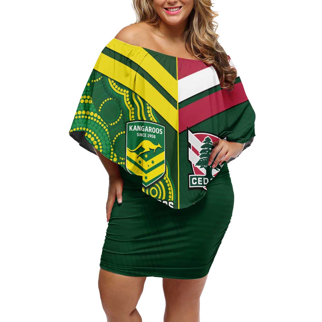 Custom Lebanon And Australia Rugby Family Matching Off Shoulder Short Dress and Hawaiian Shirt Aussie Kangaroos Lebanese Cedars