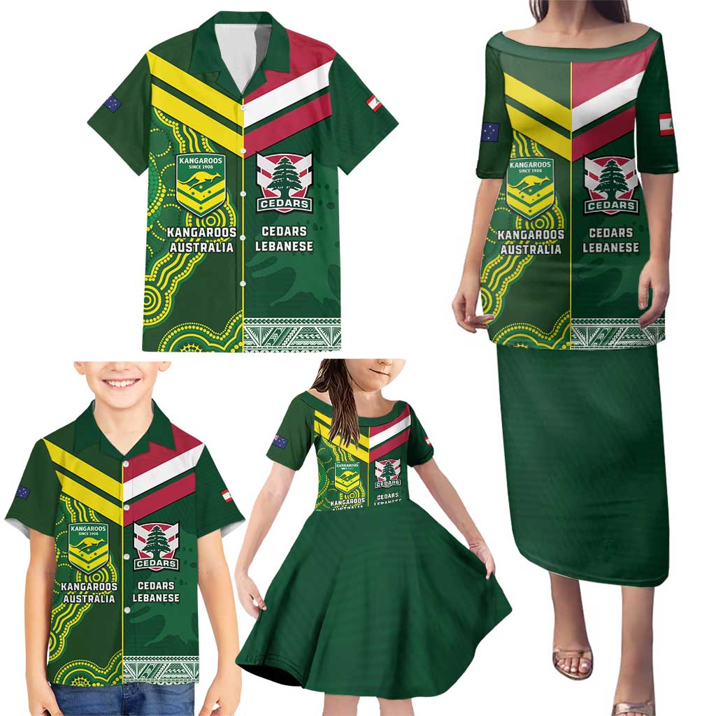 Custom Lebanon And Australia Rugby Family Matching Puletasi and Hawaiian Shirt Aussie Kangaroos Lebanese Cedars