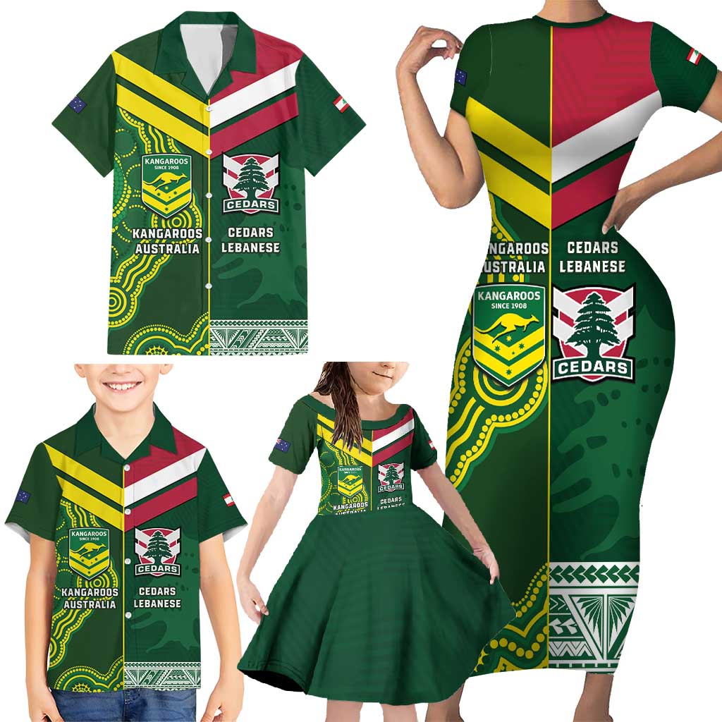 Custom Lebanon And Australia Rugby Family Matching Short Sleeve Bodycon Dress and Hawaiian Shirt Aussie Kangaroos Lebanese Cedars