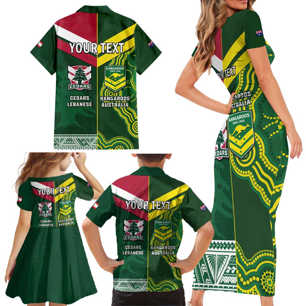 Custom Lebanon And Australia Rugby Family Matching Short Sleeve Bodycon Dress and Hawaiian Shirt Aussie Kangaroos Lebanese Cedars