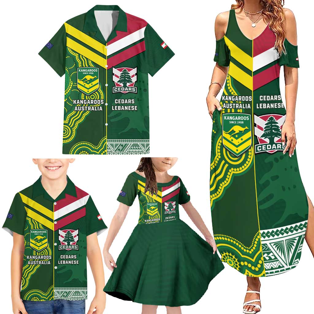 Custom Lebanon And Australia Rugby Family Matching Summer Maxi Dress and Hawaiian Shirt Aussie Kangaroos Lebanese Cedars