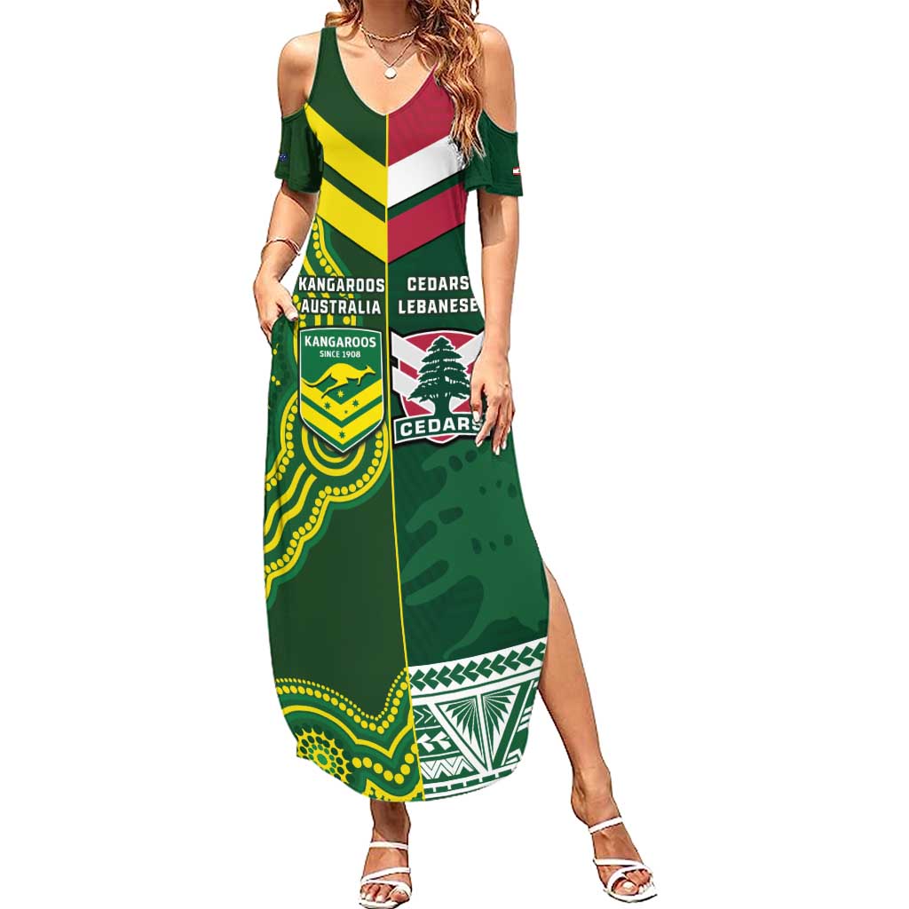Custom Lebanon And Australia Rugby Family Matching Summer Maxi Dress and Hawaiian Shirt Aussie Kangaroos Lebanese Cedars