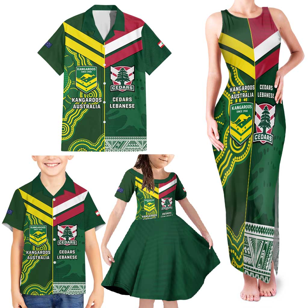 Custom Lebanon And Australia Rugby Family Matching Tank Maxi Dress and Hawaiian Shirt Aussie Kangaroos Lebanese Cedars